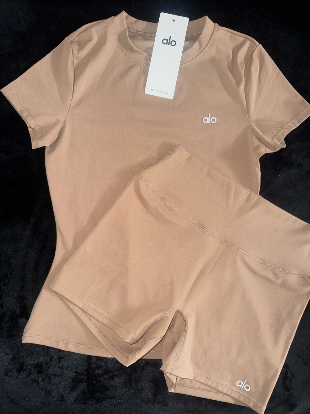 ALO Yoga Nude Crew Tee & High-Rise Bike Short Set - Picture 1 of 3